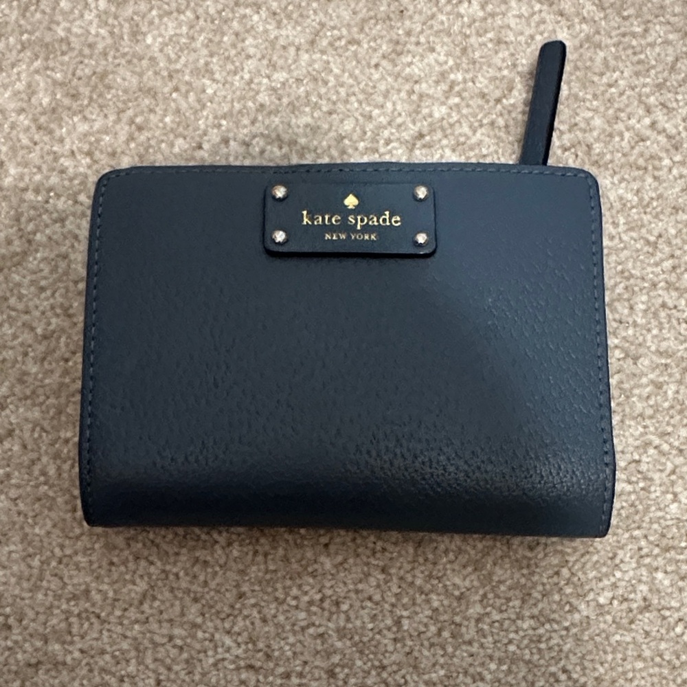 kate spade blue leather compact zip wallet with gold logo